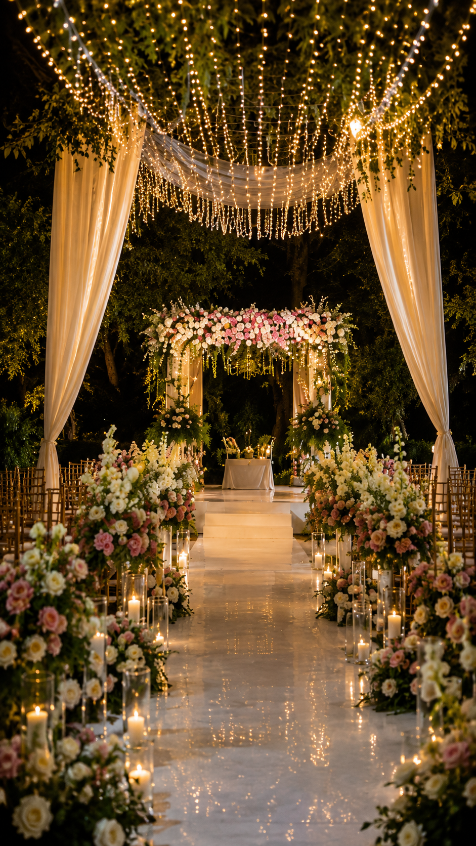 Outdoor wedding ceremony with floral aisle decor and warm string lights