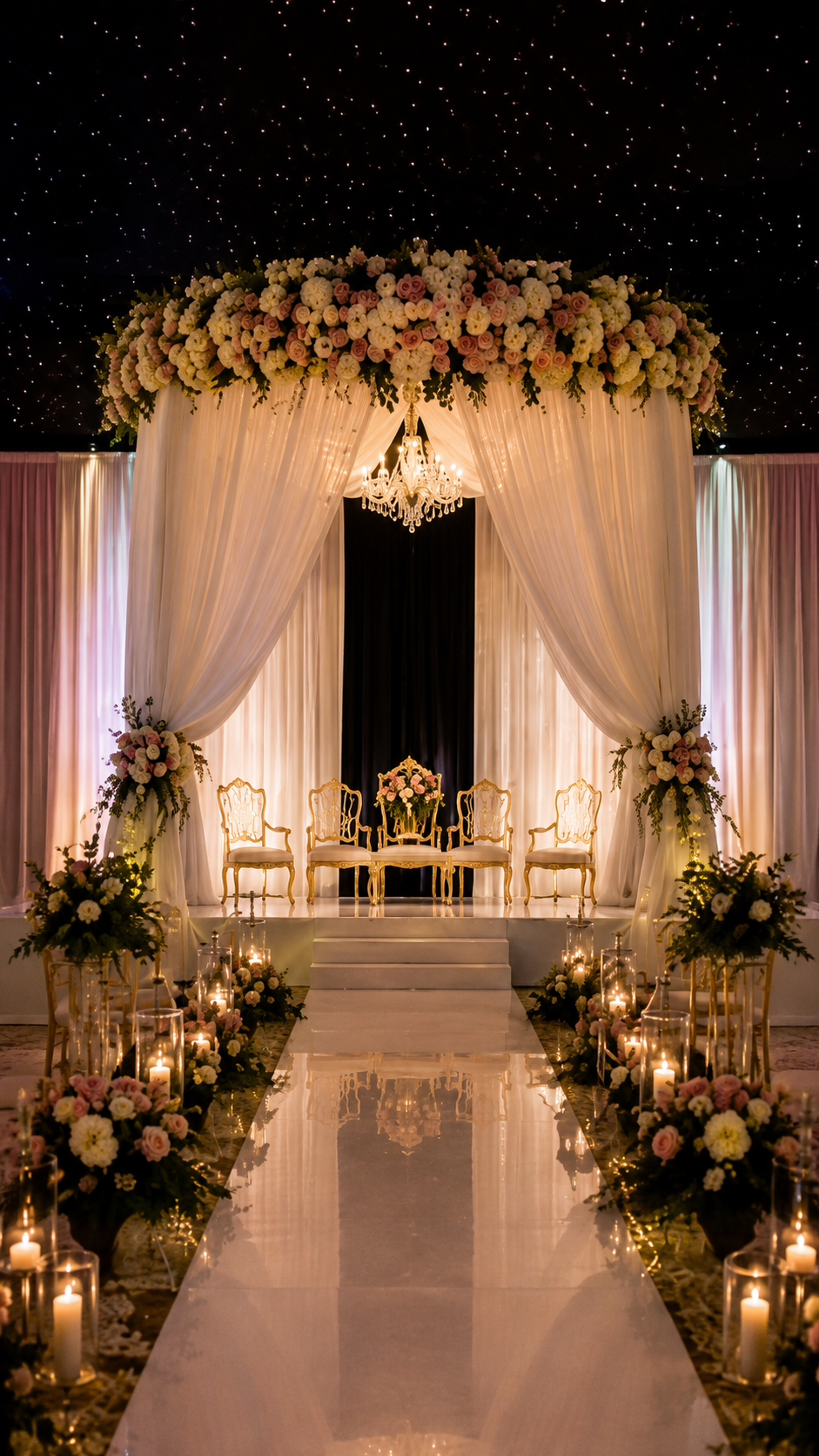 Elegant wedding ceremony stage with white draping and floral arch