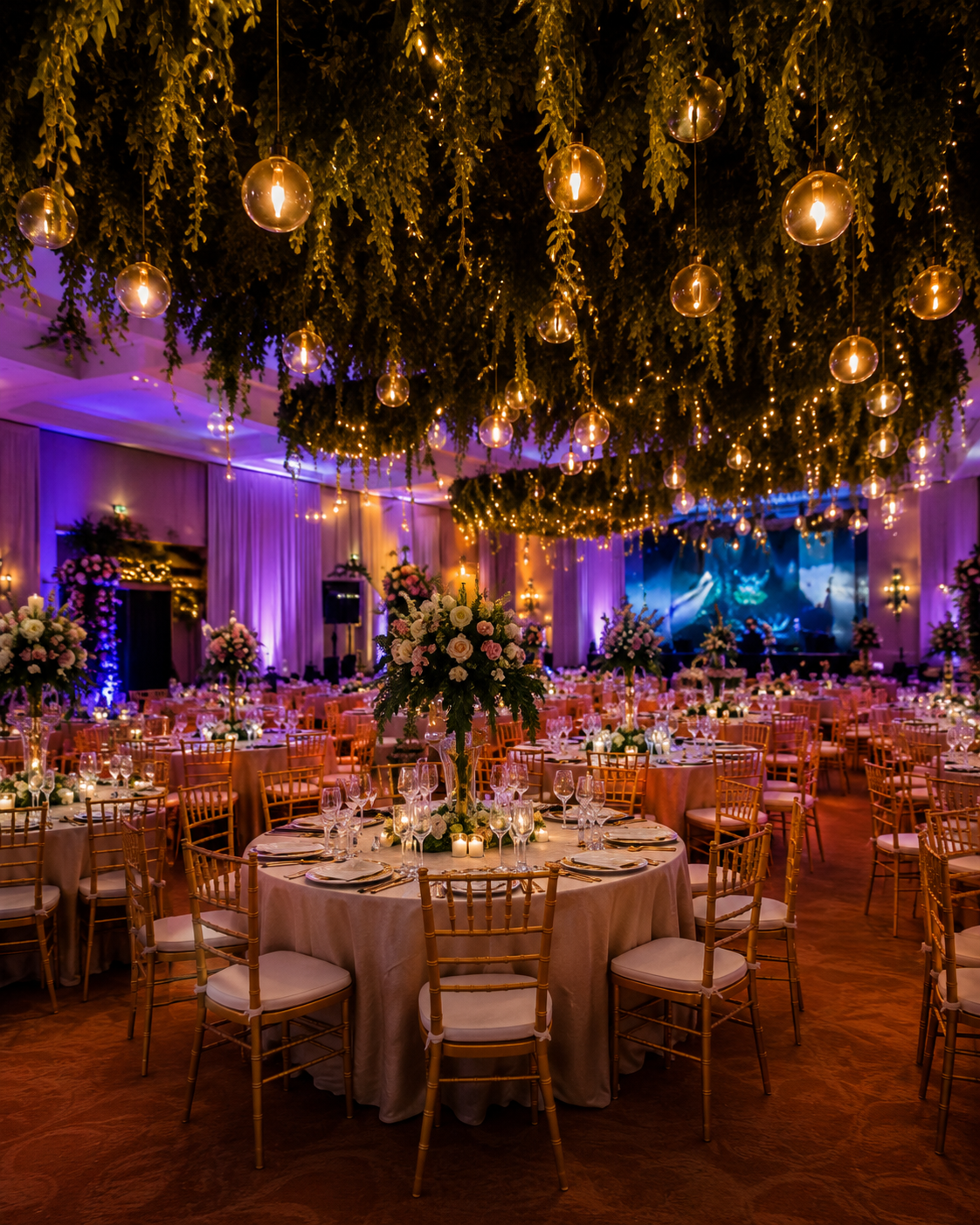 Warm wedding reception with ceiling greenery and hanging lights