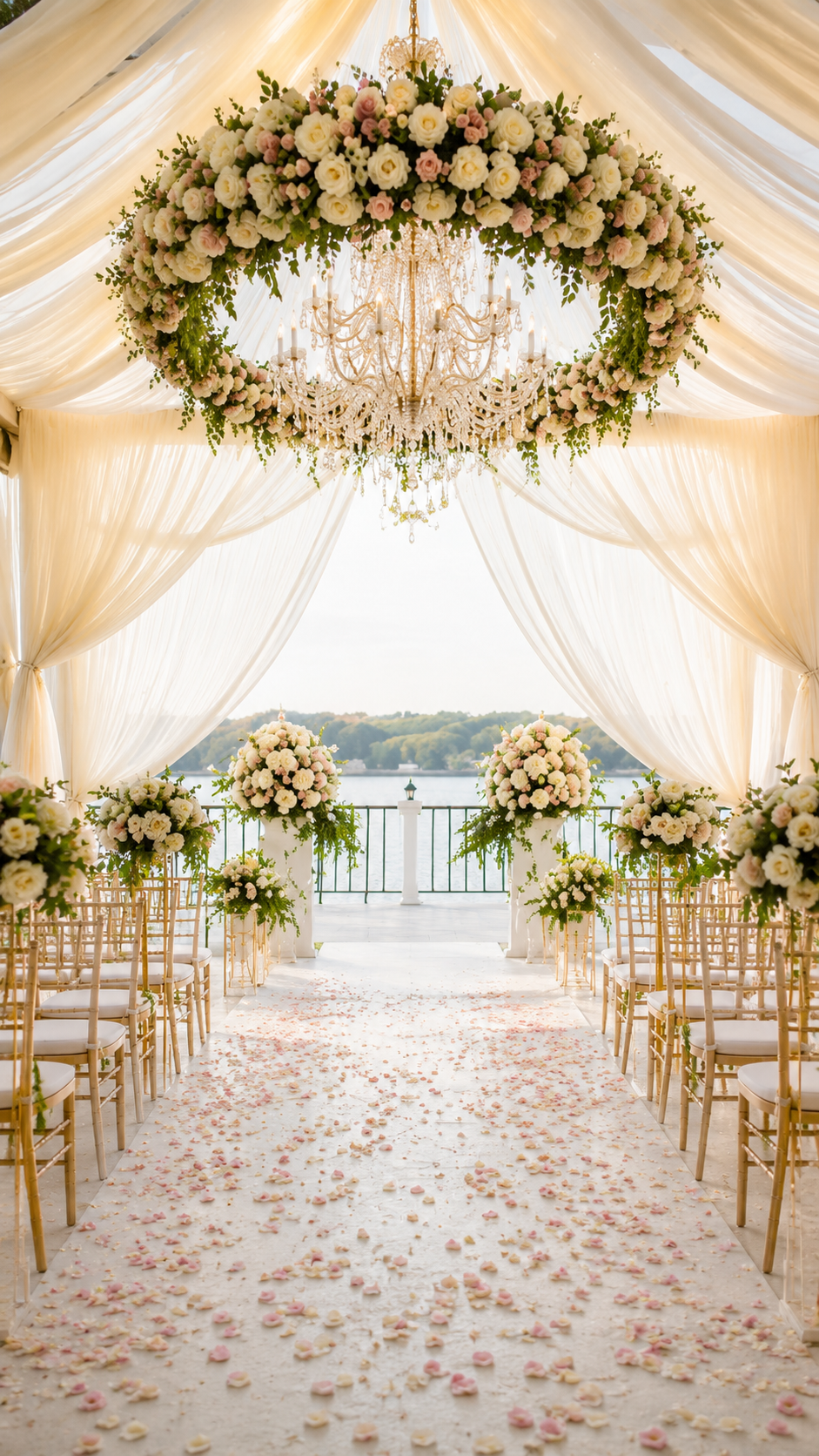 Bright lakeside wedding ceremony with floral chandelier and white draping