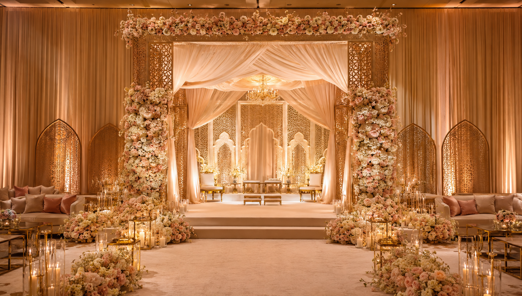 Decorated wedding reception venue setup by Fine Art Events