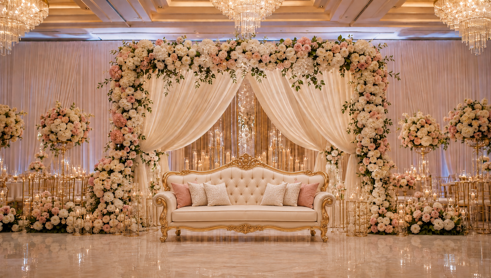 Golden luxury wedding stage with purple draping and candle decor