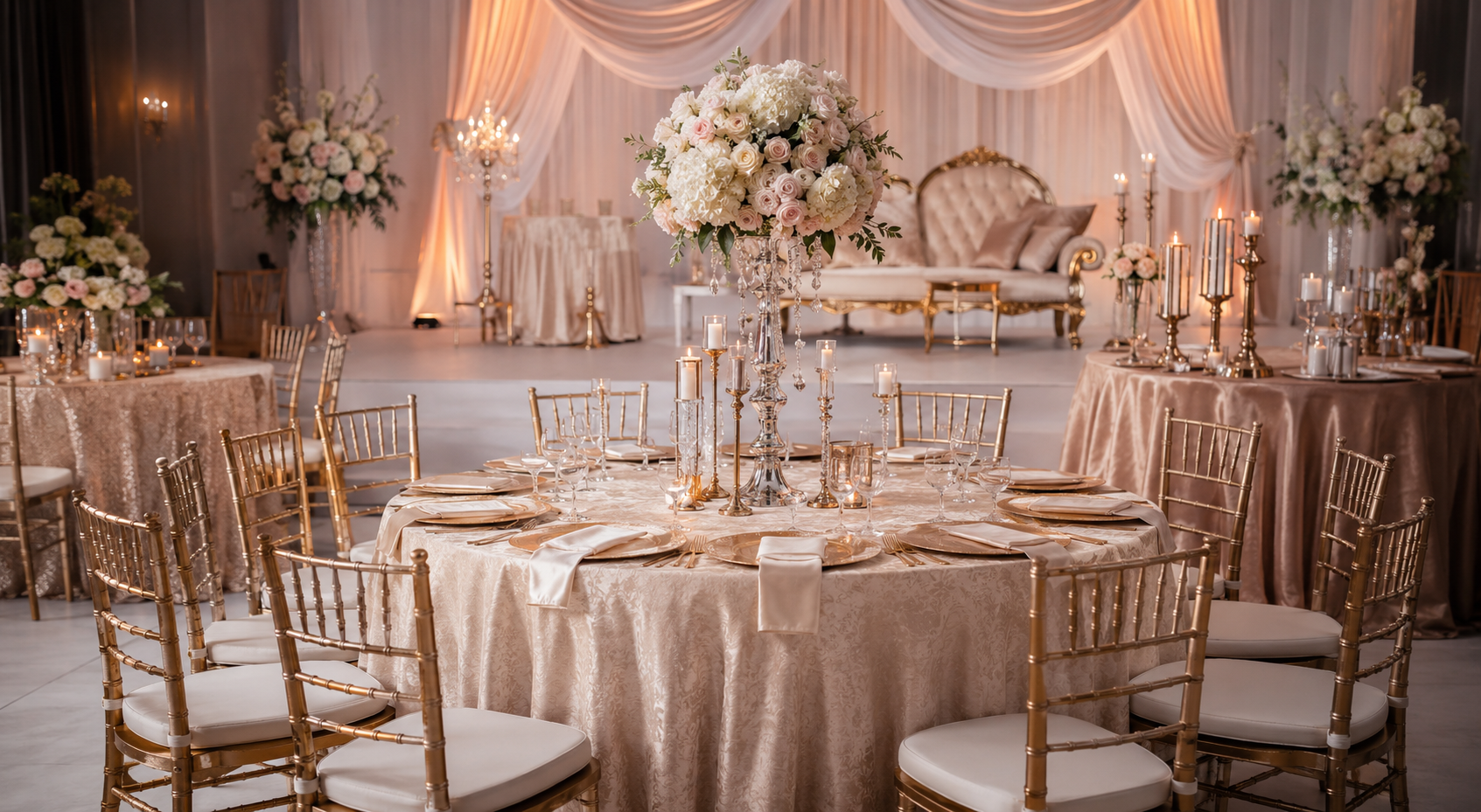 Elegant event setup and wedding styling